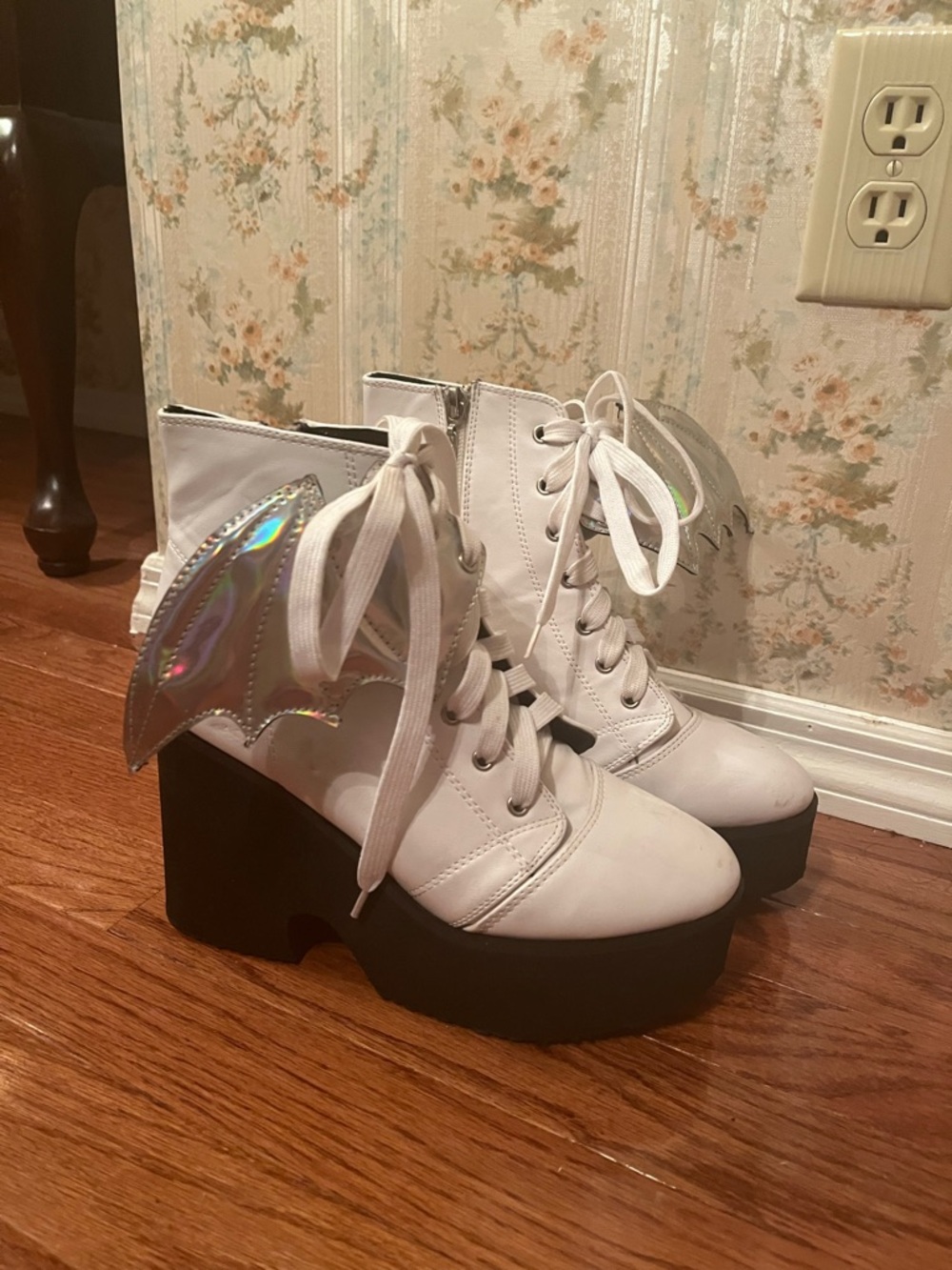Iron Fist White Walker Platform Lace-Up Boots with Holographic Wing Accent